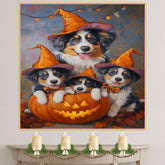 Australian Shepherd Halloween Dog Wall Art with Pumpkins Vintage Fall Farmhouse Decor for Pet Lovers on Ready to Hang 1.5" Thick Canvas Wrap, Floating Framed Canvas, Flat Rolled Canvas